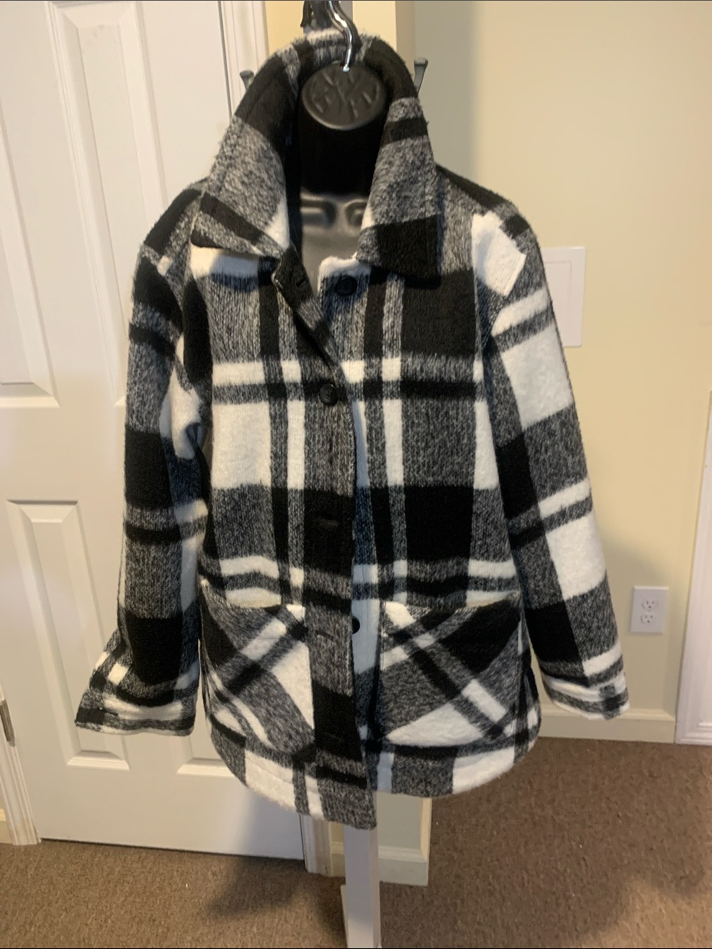 Black & White Plaid Pea Coat with Button Front